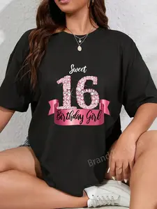 100% Cotton Unisex Cute Pink Black "Sweet 16" Style I 16th Birthday Idea T-Shirt Vingate Printed Casual Round Neck T shirt