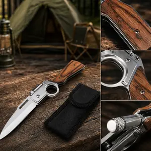 AK folding pocket knife, high-strength steel, with peach wood handle, with LED light and pocket clip, for camping, hiking, fishing, the best gift for boyfriend and girlfriend vg 10