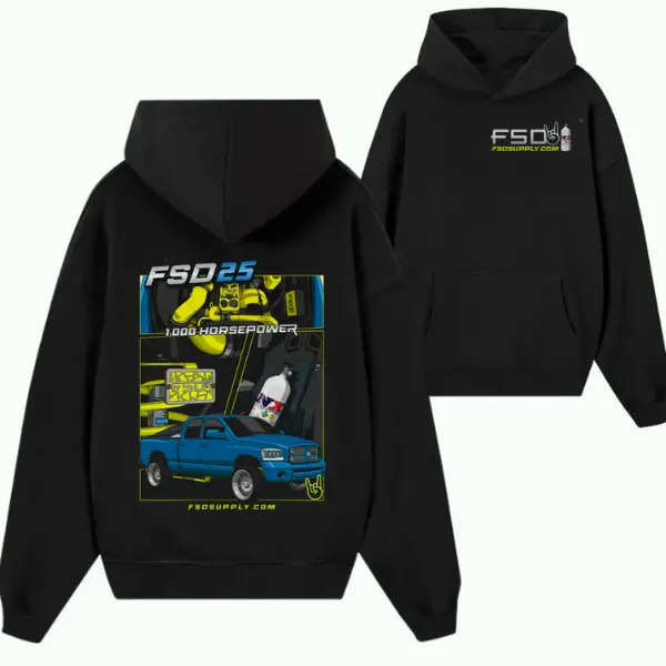 FSD 25 1000HP Truck Hoodie – Black Graphic Sweatshirt with Blue Diesel & Engine Mods, Perfect for Truck & Diesel Fans