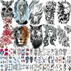 82 Sheets Large-Size Black Temporary Tattoos Stickers for Women and Men, Includes 10 Large Fake Tattoos, Halloween Temporary Tattoos Include Wolf Lion Tiger Skull Tattoos