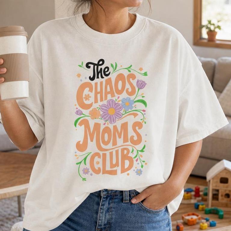 Women's Plus Size 100% Cotton Crew Neck Loose-Fit Short Sleeve Casual Graphic Tee - Chaos Moms Club Retro Floral Graphic, Drop Shoulder Mom Life Comfortable Short Sleeve Tops
