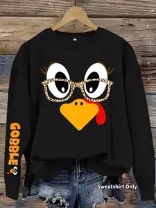 Women's Casual Thanksgiving Turkey Print Pullover Sweater, Soft Fitted Long Sleeve Round Neck Sweatshirt, All-Season Wear Womenswear