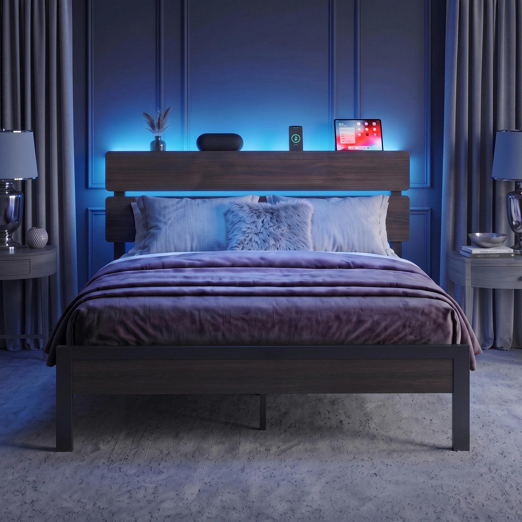 MUTICOR LED Bed Frame with 2 Fabric Storage Drawers, Charging Station & MDF Storage Headboard, Steel Slat Platform Bed with Underbed Storage, No Box Spring Needed