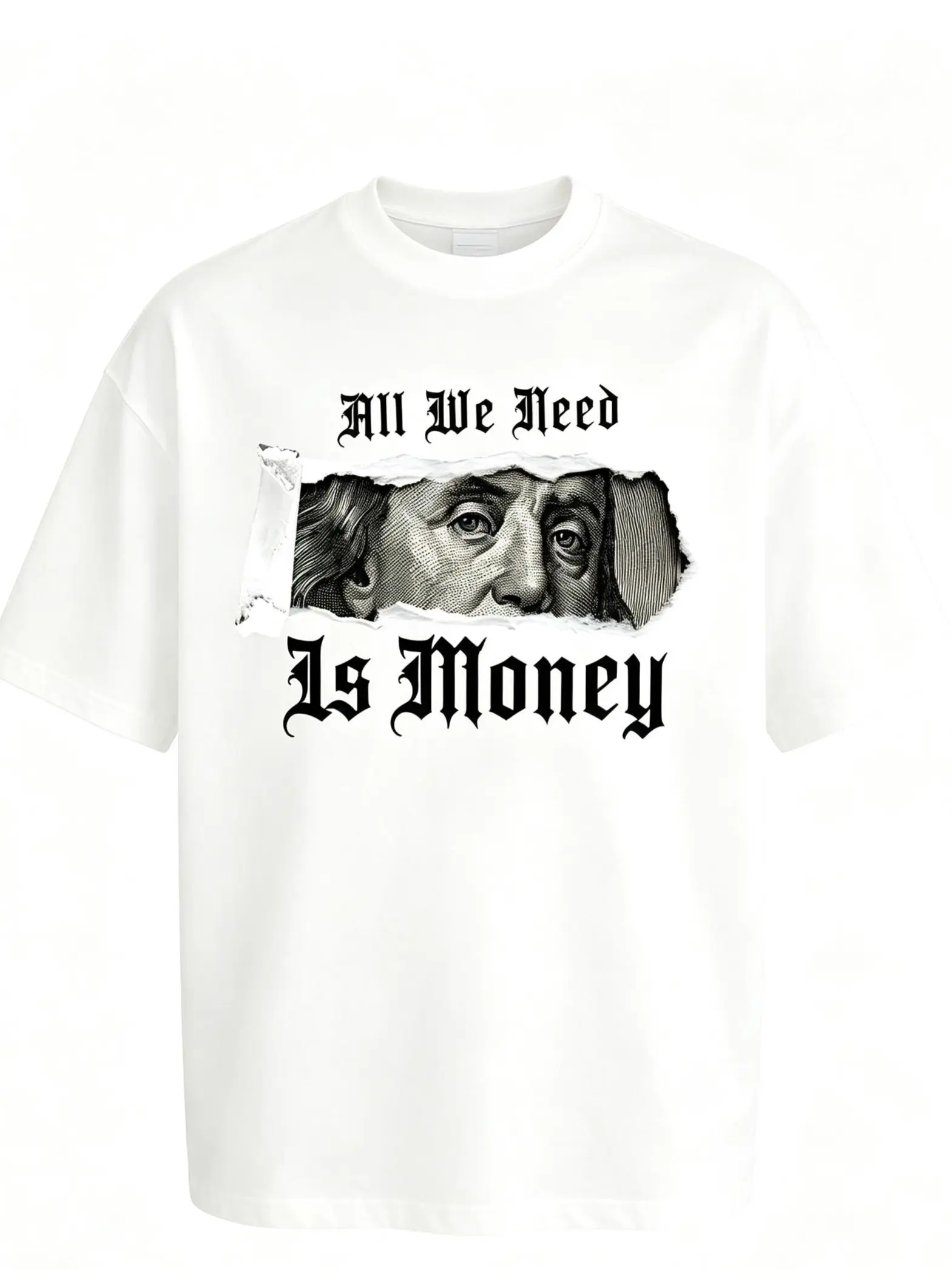 Back Print Torn Paper Benjamin Franklin Portrait All We Need Is Money Gothic Letter Graphic Micro Loose Crew Neck Short Sleeve T-Shirt For Men Trendy Hip Hop Back Printed Casual Street Tee For Daily Street Outfit