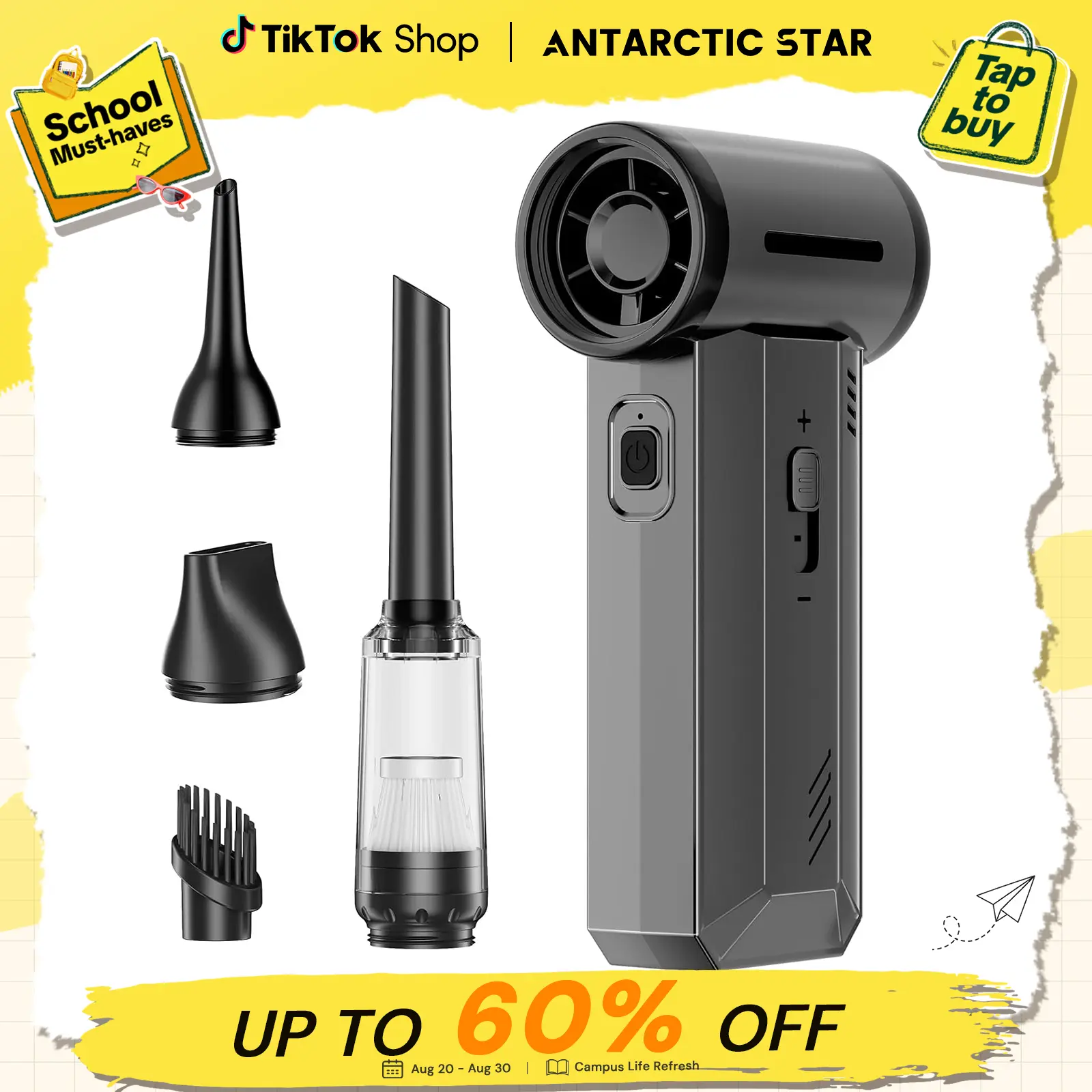 Antarctic Star 5-in-1 Powerful Cordless Miniaturized Portable Turbo Fan & Handheld Vacuum – 130000RPM Blower, 8000mAh Battery, 150-Min Runtime, 30dB Low Noise, 1-Touch Speed Control, Type-C Charging, Full Nozzle Kit for Car, Home, Electronics Cleaning