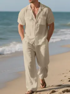 Men's Summer Linen Breathable Loose Beach Casual Workwear Short Sleeve Shirt and Long Pants Set, Comfortable and Stylish for All Seasons