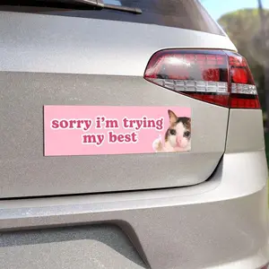 Funny Cat Meme Car Magnet | Sorry I'm Trying My Best | Cute Pink Magnetic Car Decal