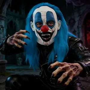 Terrifying adult clown mask disguised as Halloween laughing killer clown costume props, blue haired clown mask carnival role-playing mask, Halloween gifts spooky party
