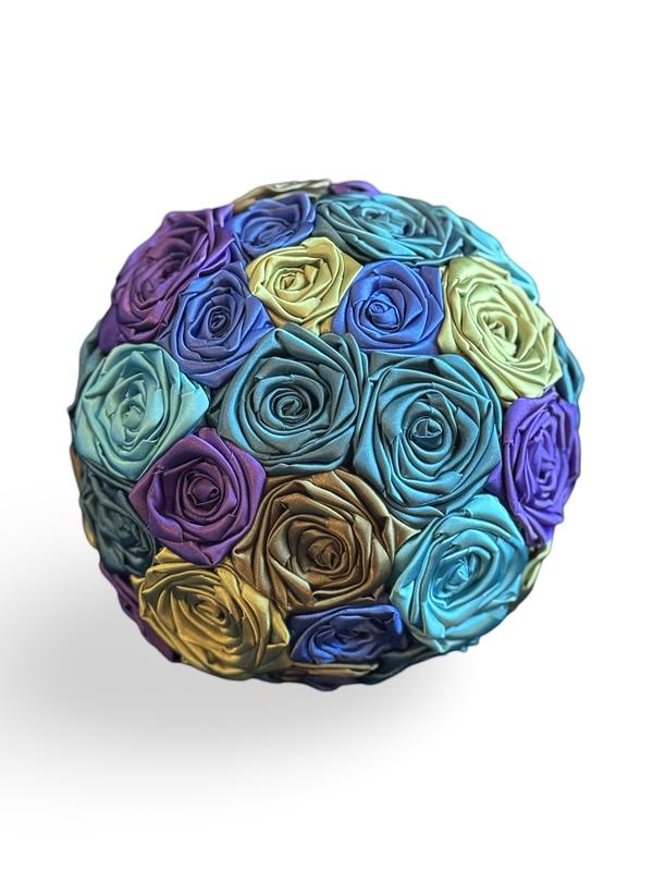 Anna Rose’s Bouquet | Teal, Turquoise, Purple, Lime, Olive Green, & Royal Blue | Peacock Themed Wedding | Handmade Satin Rose Bouquet | Bride Bouquet | Traditional Wedding Bouquet