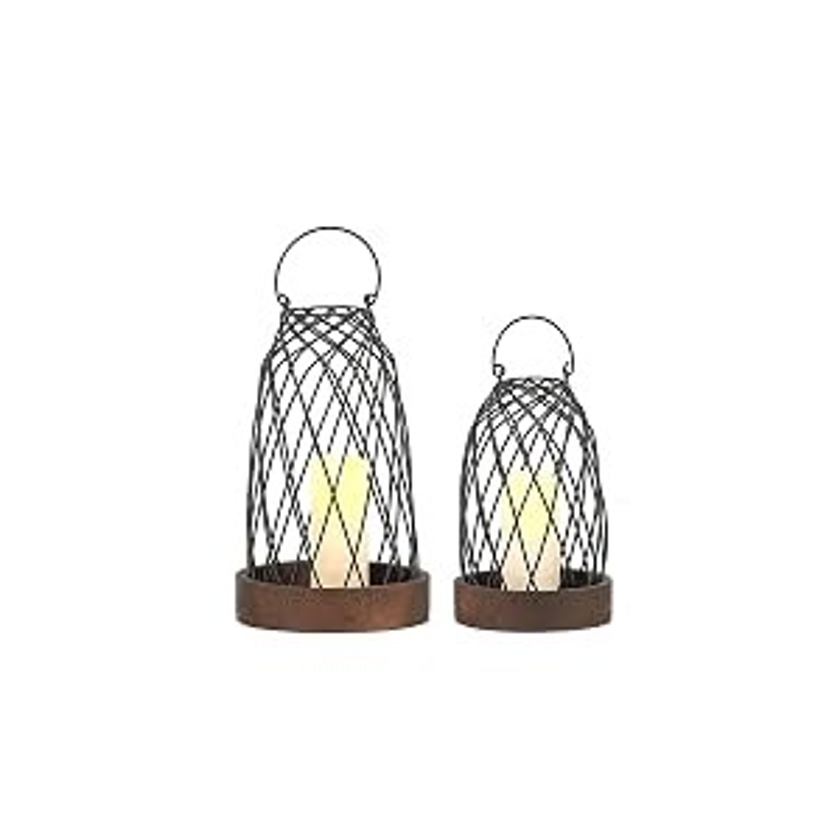 2-Piece Rustic Farmhouse Metal Candle Lantern Set with Lightweight Wooden Base, Home Decor Centerpiece for Living Room, Ideal Gift for Indoor Outdoor Use