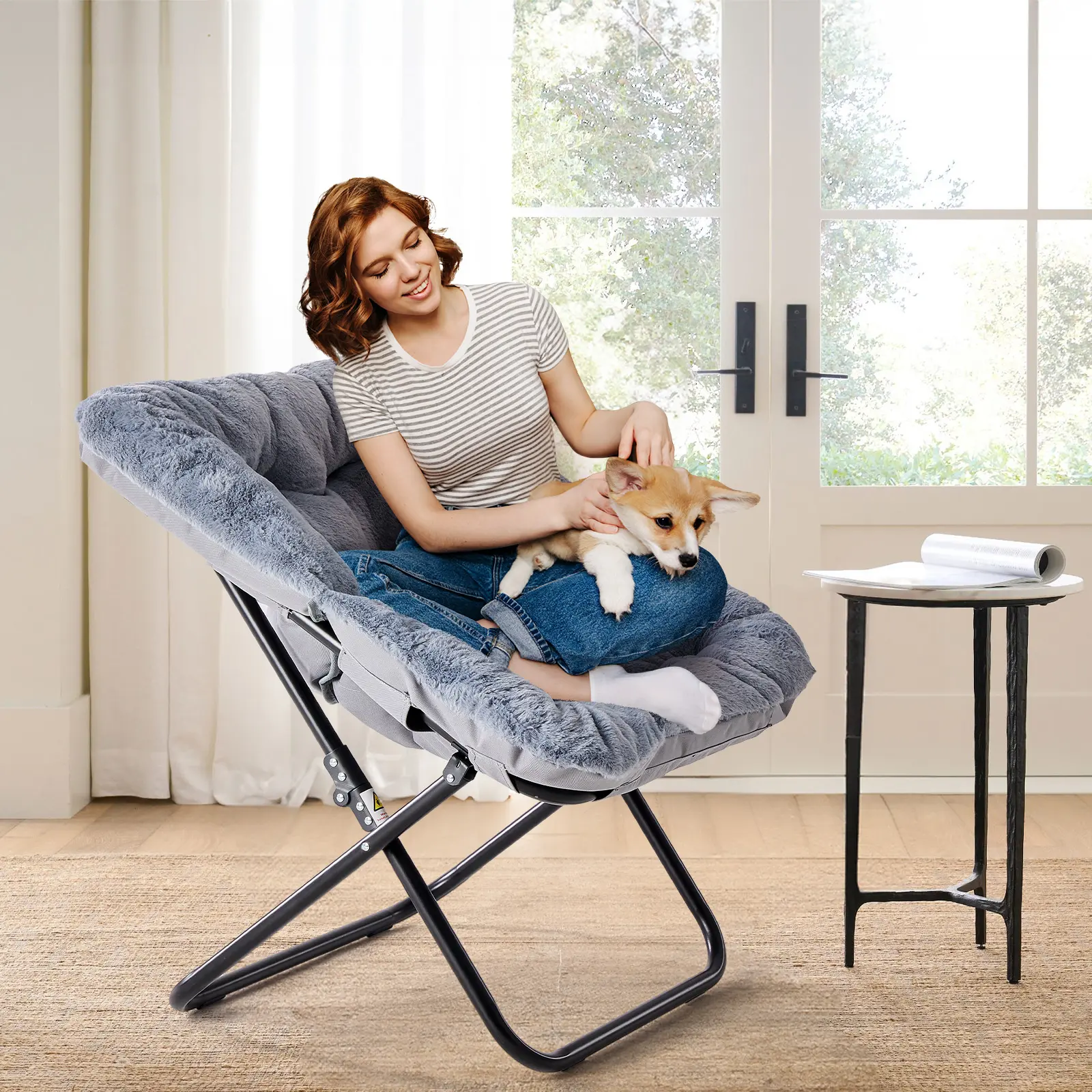 Large Size Comfy Folding Lounge Chair for Adults, Soft Faux Fur Plush Lazy Chair with Sturdy Metal Frame, Foldable Saucer Chair for Living Room, Bedroom, Dorm & Small Spaces, Portable Accent Chair for Relaxing, Gray