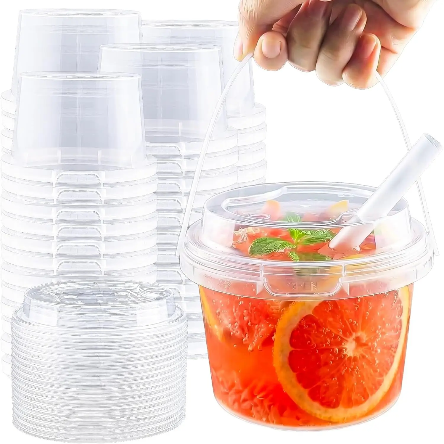 16 oz Disposable Clear Plastic Cups with Lids & Straws, 20/60-Set Mini Drink Bucket, Sturdy Food-Safe Kitchen Drinkware for Cold Drinks, Iced Coffee