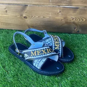 Mexico Leather Sandals with Gold 'MEXICO' Embroidery and Tribal Pattern Design Huarache for Men
