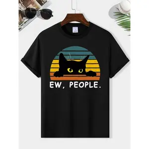 Men's Cartoon Cat & Letter Print Round Neck Tee, Men's Summer Clothes, Regular Fit Casual Short Sleeve Graphic T-Shirt for Summer, Men's Top for Daily Wear