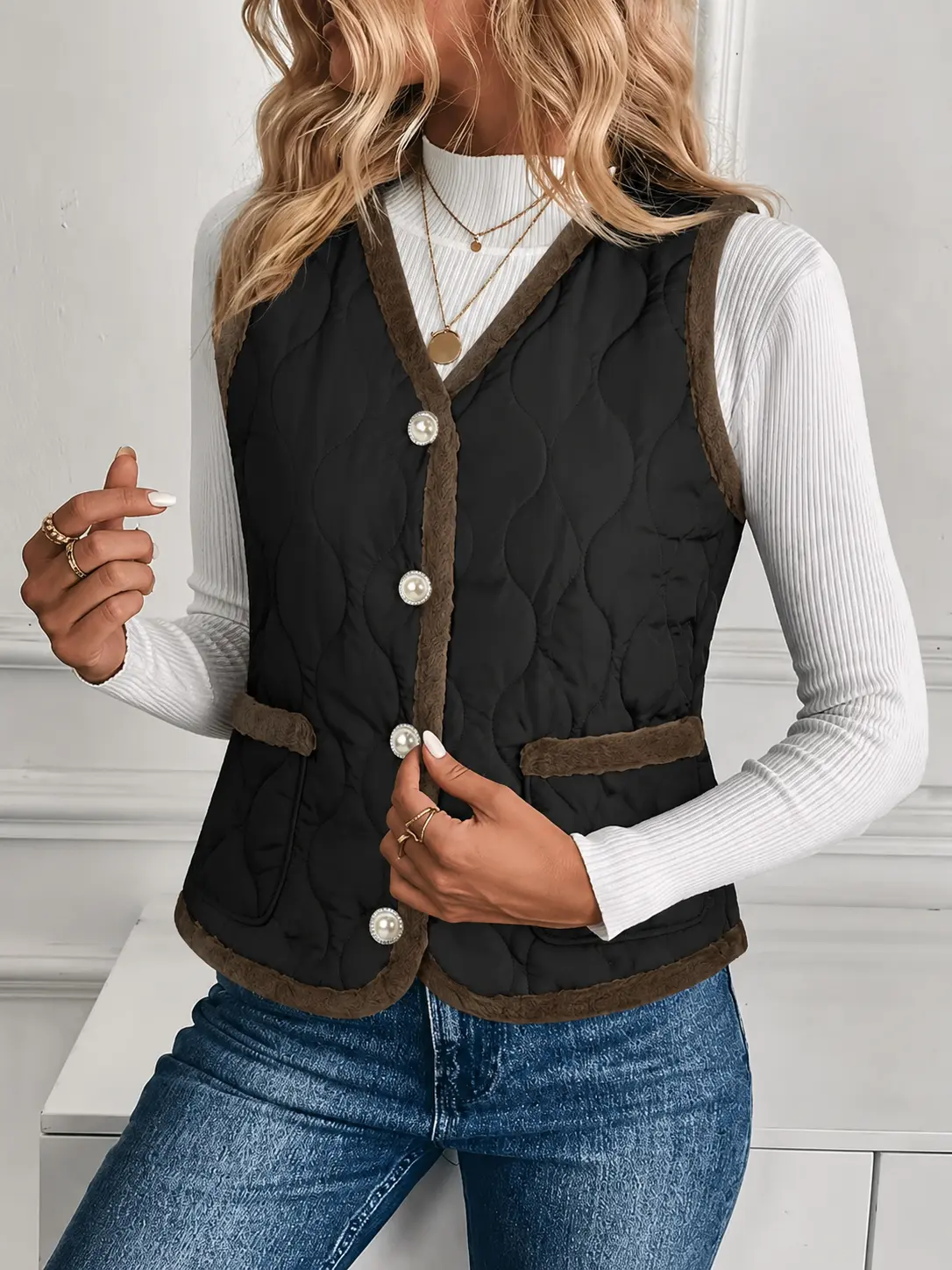 Vintage pearl button V-neck quilted vest for women, contrast plush trim, sleeveless shrug, 100% polyester casual outerwear vest, warm layering piece for autumn/winter, minimalist elegant contrast-trim cotton vest for women, sleeve detailing, sleeveless ja