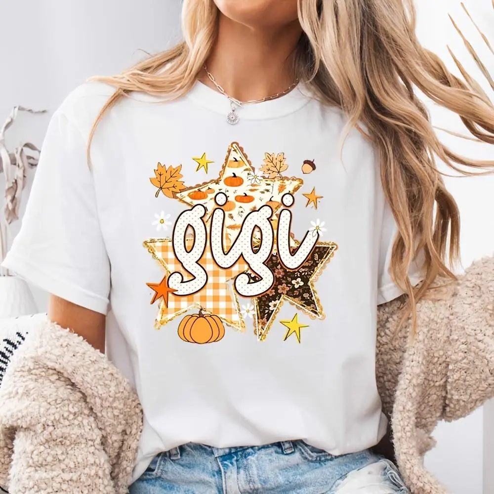 Gigi Pumpkin Star Print Neck Drop Shoulder T-Shirt, Autumn Fall Festival Graphic Tee, Casual Daily Wear