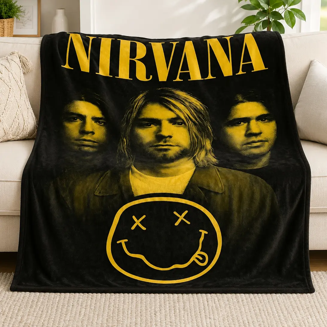 Nirvana Rock Band Fleece Blanket, Classic Yellow Smiley Face Printed Soft Flannel Throw Blanket for Bed Couch Sofa, Cozy Grunge Room Decor Music Fan Gift