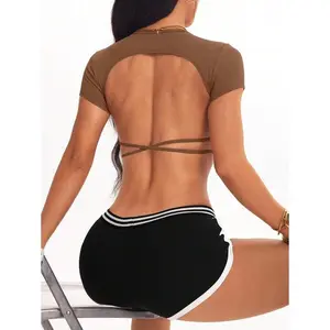 Women's Fashion Backless Hollow Out Strap Design Cropped Fitted Sports T-Shirt Brown Workout Top Open Back Workout Shirt Open Back Athletic Top Brown Athletic Top Criss Cross Back Top Open Back Workout Top Brown Yoga Top