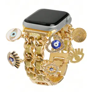 Fashion Metal Dual Chain Glitter Leather Smartwatch Strap with Devil Eye Pendant, Compatible with Apple Watch Series 1-9 Ultra Se