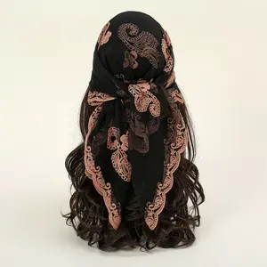 Black Lace Scarf Paisley Embroidered Mesh Square Hair Head Wraps Sheer Vintage Bandana Floral Shawl for Women Luxury Party Muslim Hijab Gift