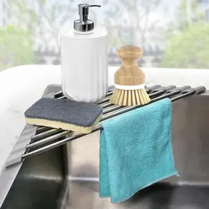 Triangle Corner Sink Caddy Roll Up Dish Drying Rack, Stainless Steel Over Sink Sponge Holder Kitchen Sink Organizer Drainer Mat for Counter Storage