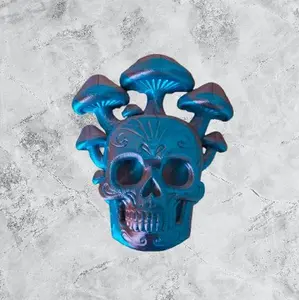 Blue Skull with Mushroom Design - Unique Decorative Art Piece for Home Decor