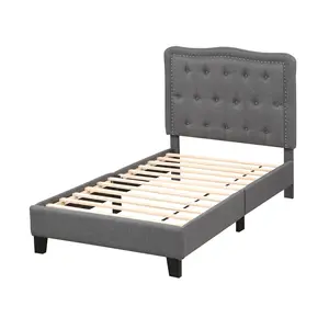 COSTWAY - Twin Size Bed Frame with 46 Inch Tall Button Tufted Headboard-Gray