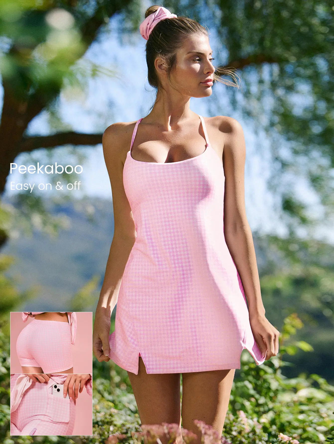 open lace back dress Short Studio Dress, Hot Pink Gingham