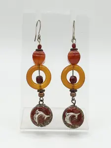 Handmade Orgone Dangle Earrings | Red Agate & Amber, Silver Dolphin — One of a Kind