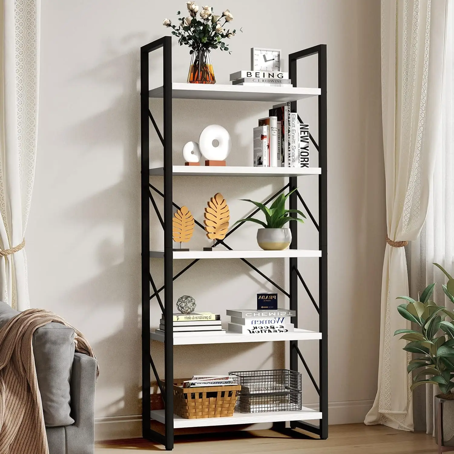 Yitahome 5 Tiers Bookshelf, Classically Modern White Bookshelf, Book Rack, Storage Rack Shelves in Living Room/Home/Office, Books Holder Organizer for