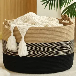 Kakamay Woven Rope Baskets for storage Baby Laundry (Jute/Black)