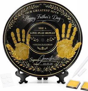 DIY Handprint Keepsake Kit for Couples & Family Party Activity with Vinyl Record Plaque, Gold Ink Pads, Marker & Display Stand