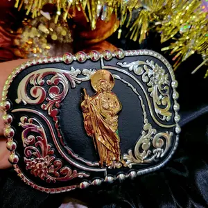 San Judas Tadeo Belt Buckle silver tone black and gold with Central Emblem, and Decorative Elements, Unisex, Metal, 4.5 x 3.5 Inches