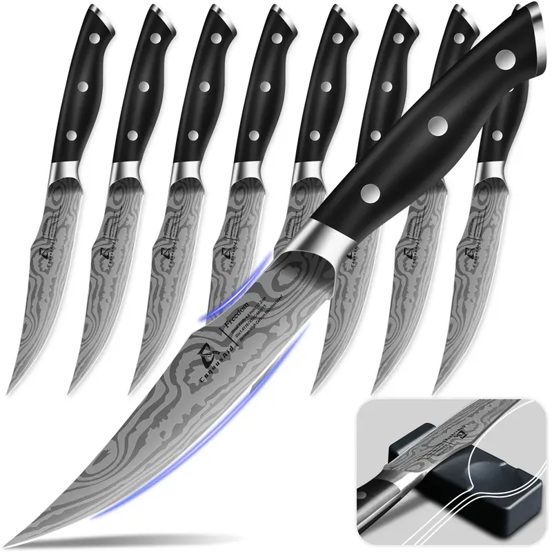 【TikTokShopJumpstart】COQUUSAID Kitchenware Stainless Damascus Resistant Steel Silver Steak Knives Set with Built-in Sharpener, 4.8in Non-Serrated Razor-Sharp Full Tang Forged Utensils, Anti-Slip Grip, Easy-Maintain Cutting Knives, Valentine's Day Gift
