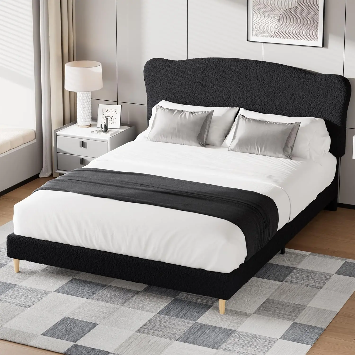 Jet-Black Queen Size Upholstered Headboard Bed Frame, Low-Profile Sturdy Platform Bed with Wooden Slats, Heavy-Duty, Noise-Free, No Box Spring Needed, Lift-Up Storage, Headboard Bed Frames, Jet-Black Bed Frames