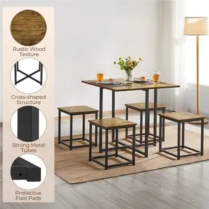 Butterslay Industrial 5-Piece Dining Table And Chairs Set, Square Dining Table And 4 Bar Stools, For Small Spaces, Rustic Brown/Drift Brown