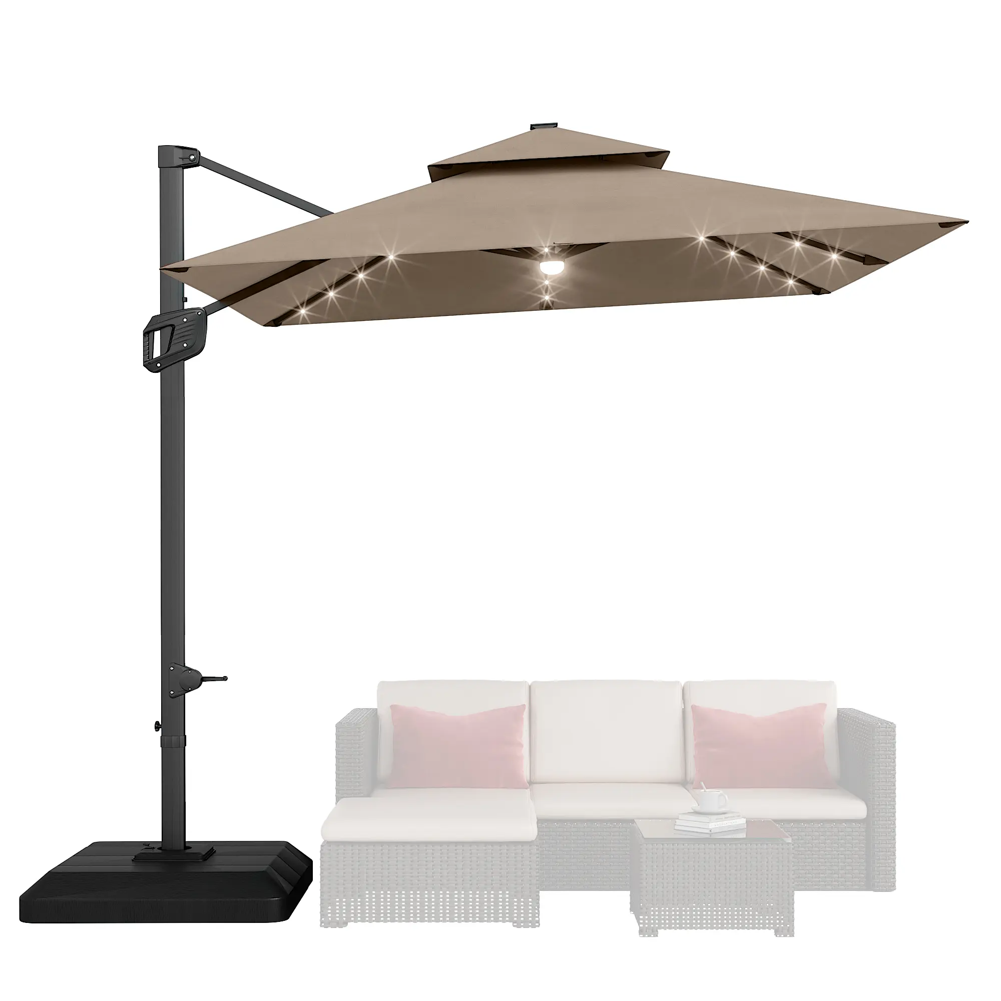 10FT Heavy Duty 2-Tier Square Offset Cantilever Patio Umbrella, Solar LED Lights Aluminum Umbrella with 360° Rotation & Weighted Base, Outdoor Shade for Backyard Deck Pool