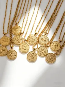 Zodiac Coin Necklace, Fashionable Minimalist Design, Classic Twelve Zodiac Pendants, Stainless Steel Braided Chain, Unisex Jewelry