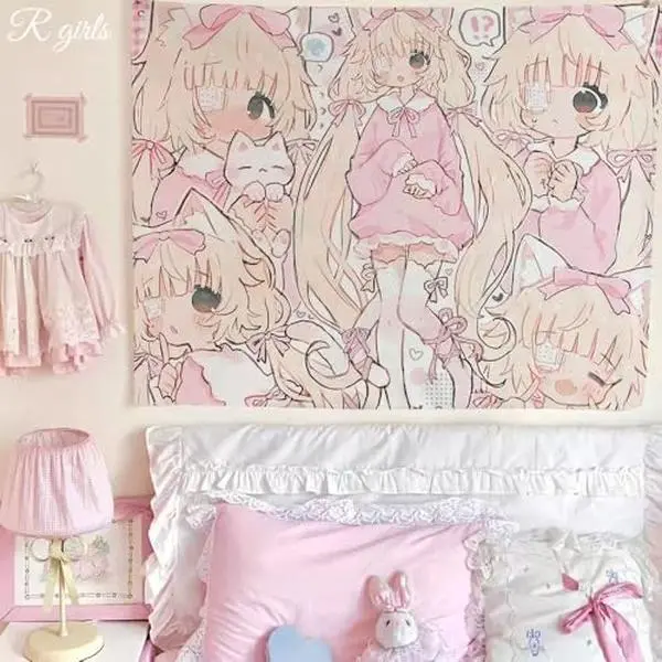 HOKMAH Kawaii Room Decor Anime Tapestry, Y2k Cutecore Room Dorm Decor Coquette Wall Hanging Banners Harajuku Preppy Academia (30 * 40'',Type-D)