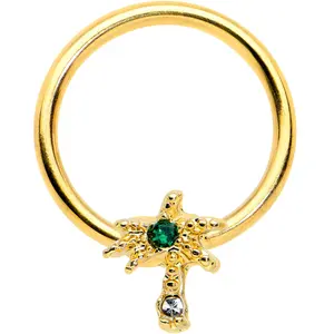 16G 3/8 Green Gem Gold Tone Texture Palm Tree BCR Captive Ring
