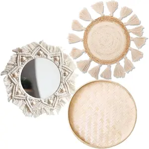 Boho Wall Basket Decor Set of 3 - Flat Woven Basket Wall Hanging Decor,Round Tassels Mirror White Macrame Tapestry Wall Decor Art,Handmade Rattan Wicker Seagrass Home  Baskets  (Mirror Style)