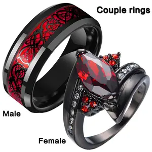New Marquise-cut ruby women's ring, stainless steel dragon-pattern men's ring, couple's ring