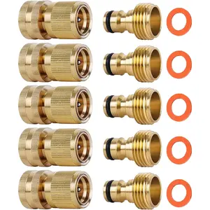 Garden Hose Quick Connectors, Solid Brass 3/4 inch GHT Thread Easy Connect Fittings No-Leak Water Hose Male Female Value Pack (5)
