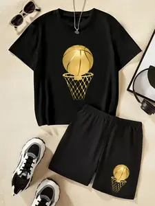 Golden Basketball Slam Dunk Print Children's Set, Summer New Style Boys And Girls Short-Sleeved T-Shirts + Shorts 2-Piece Set, Stylish, Comfortable, Casual, Fashionable And Versatile For Daily Use, Ideal Gift Choice