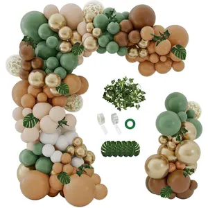 142PCS Sage Green Brown Balloon Garland Kit Jungle Safari Wild Woodland Balloon Arch Olive Green Gold Coffee Cocoa Balloons for Wedding Birthday Shower Party Decorations