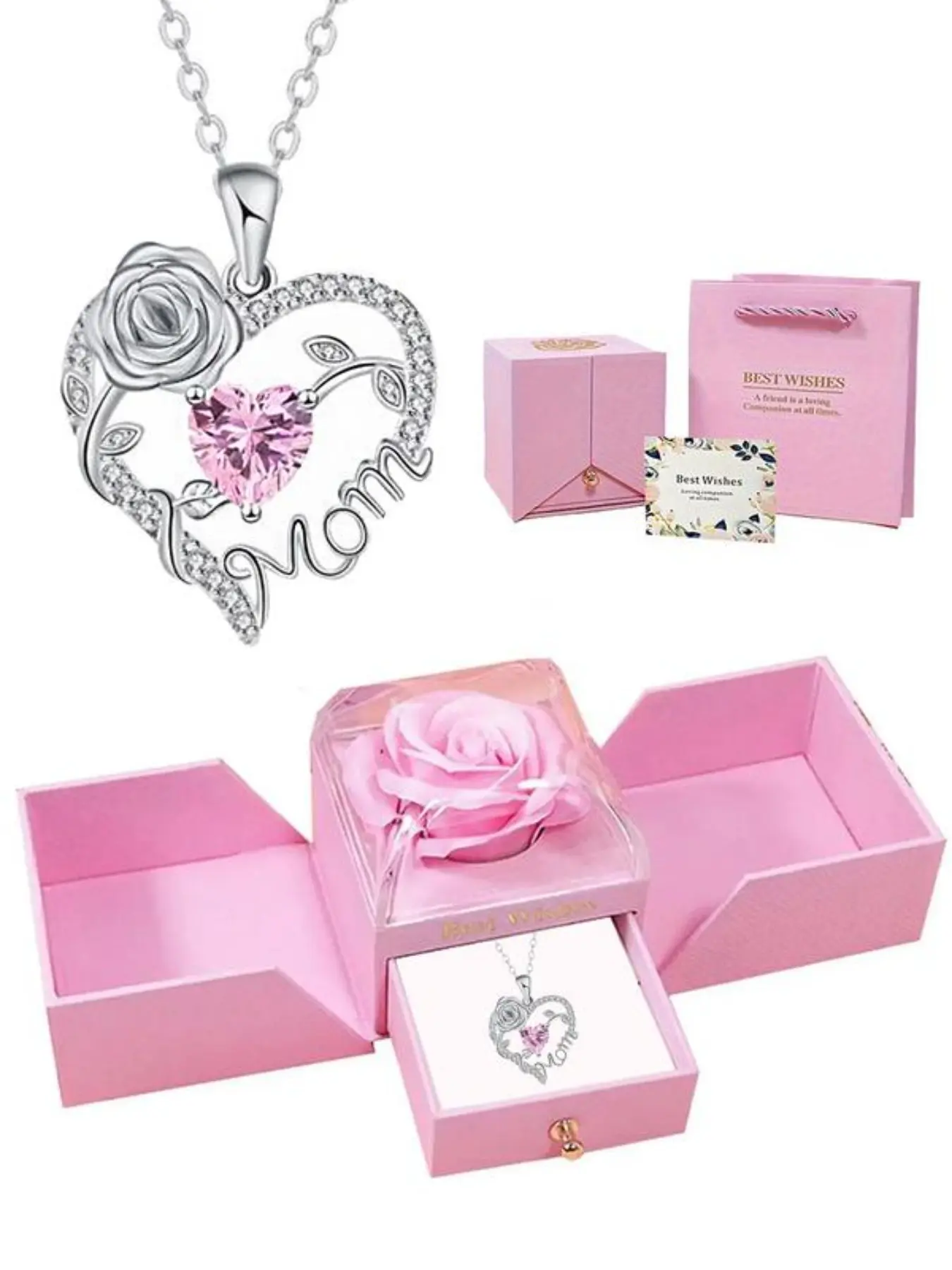 This rose necklace gift box contains a heart-shaped rose mother's pendant necklace, a heart-shaped necklace, or a heart-shaped necklace. It's a perfect birthday, Mother's Day, or Christmas gift for mothers, aunts, or grandmothers. Chain jewelry