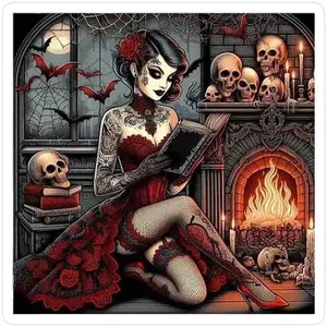 1pcs 5D DIY handmade diamond painting kit, 5D diamond art set, DIY decoration, bat, skull, fireplace diamond painting kit full round drill DIY, mosaic, diamond art, DIY art home decoration, suitable for Halloween and Christmas.