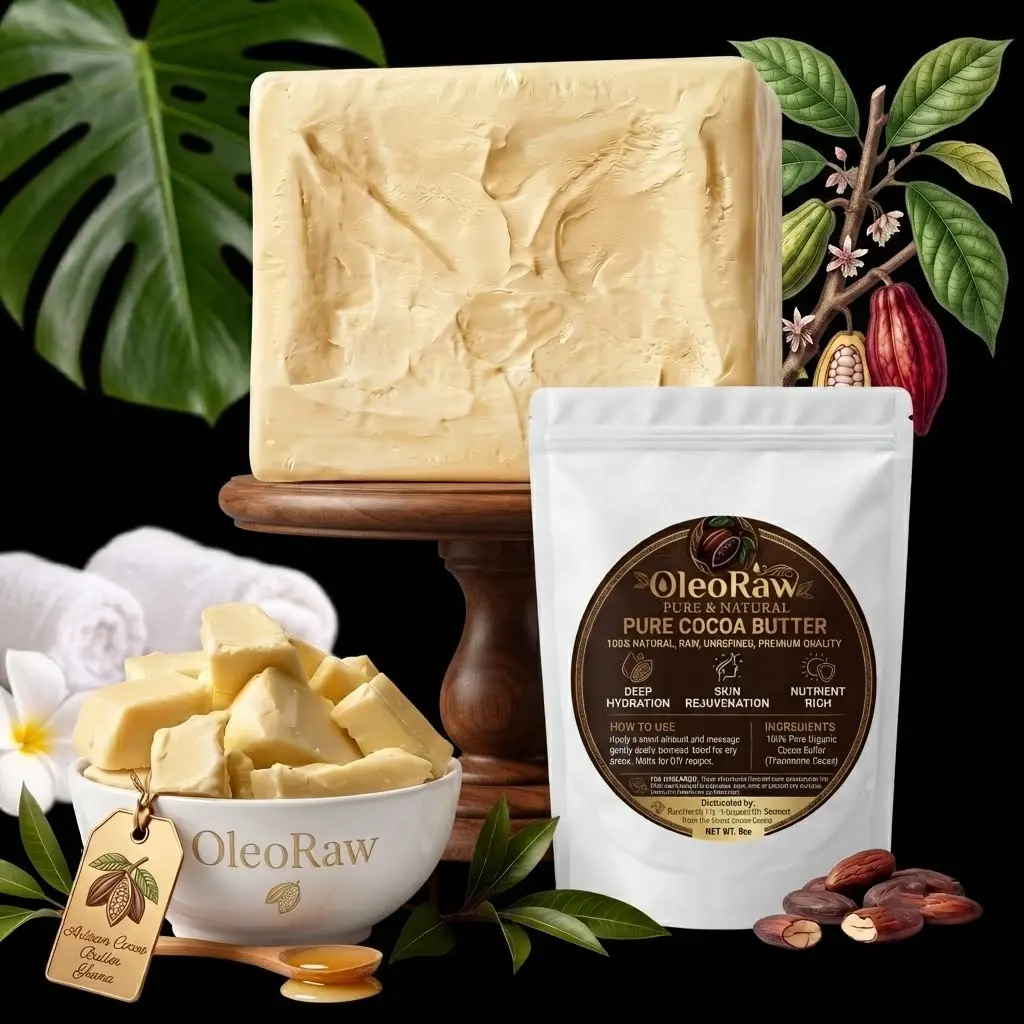 Organic Raw Unrefined Cocoa Butter - Gentle, Soothing Vegan Body Moisturizer for Dry, Sensitive Skin, Ideal for DIY Body Care & Lotions