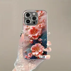 A phone case with a peach blossom design pattern, made of PC + TPU + glass material, anti-drop with electroplated glass texture, suitable for 17/16/15/14/13/12/11 PRO PROMAX PLUS AIR, an ideal gift for friends and family, DDBLK71