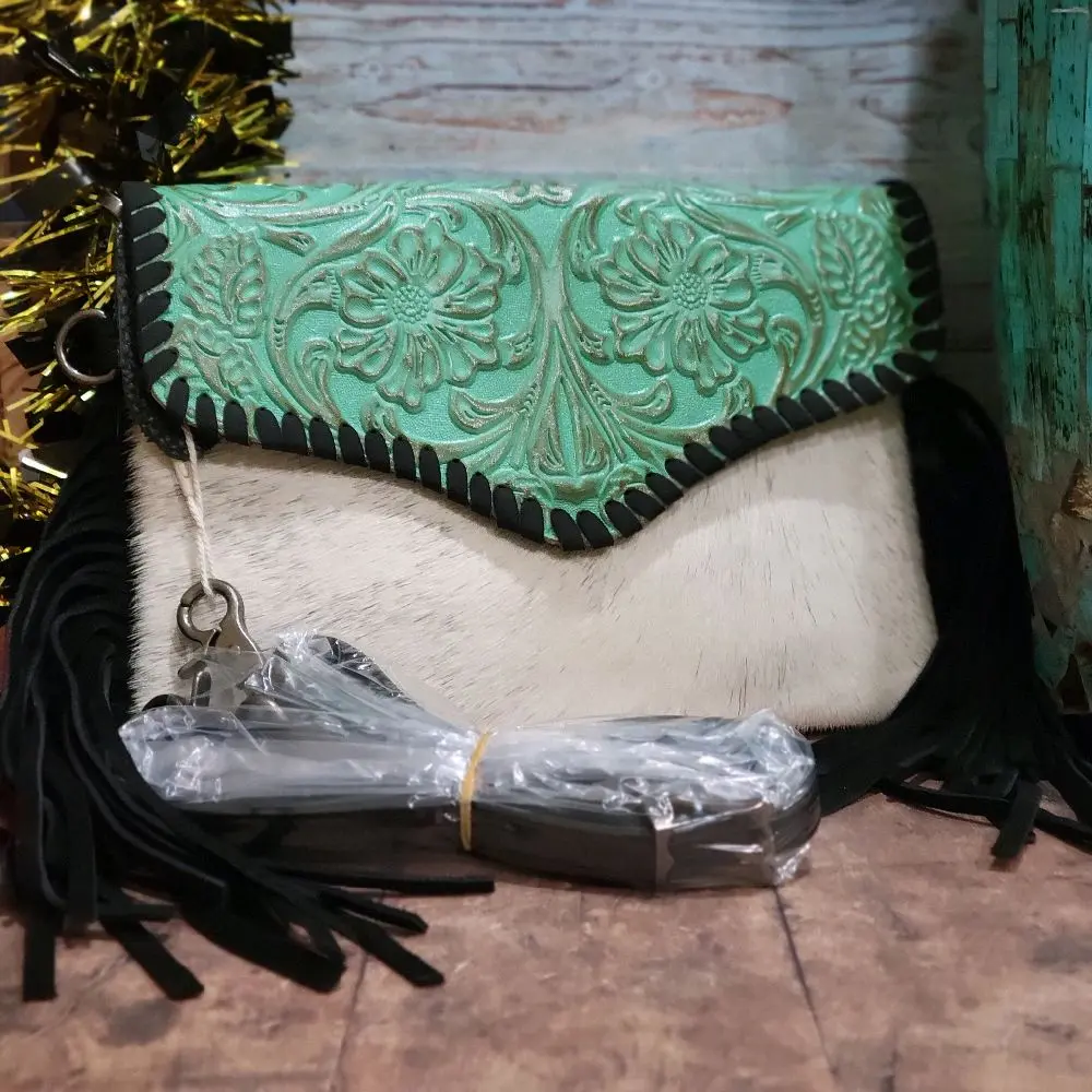 Women's Cowgirl western purse handtooled cowhide fringed crossbody with wristlet strap white and turquoise